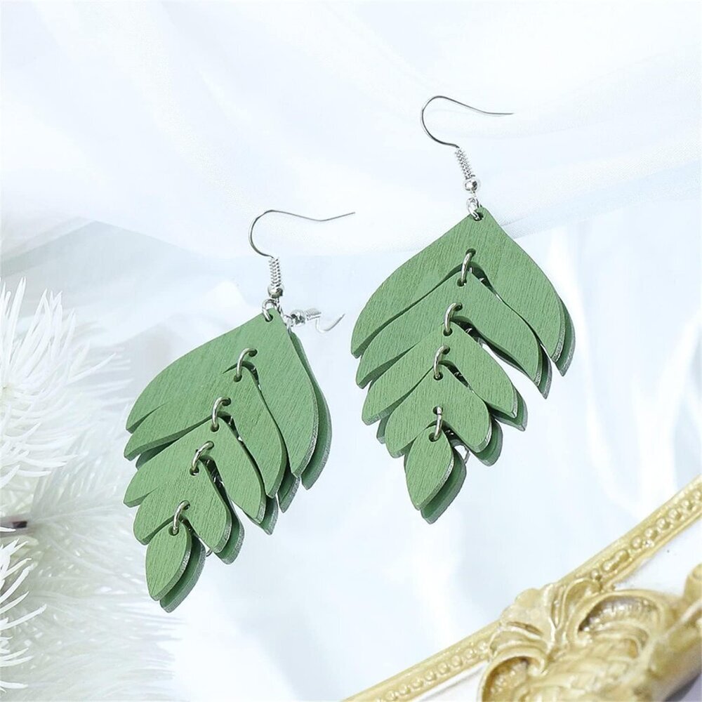 Handmade Lightweight Wooden Leaf Drop Dangle Earrings Bohemian Nature Wood Chain - Picture 3 of 6